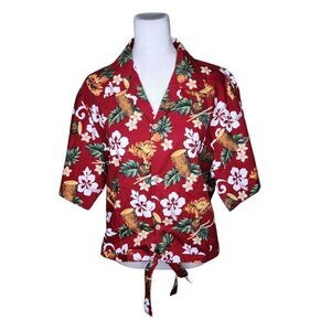 Vintage Hawaiian Button Up Short Sleeve Cropped Tied Shirt Womens L Red